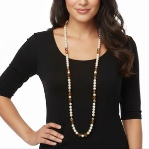3/$20 Faux Pearl Necklace Amber Faceted Mirrored Long Beaded Single Strand